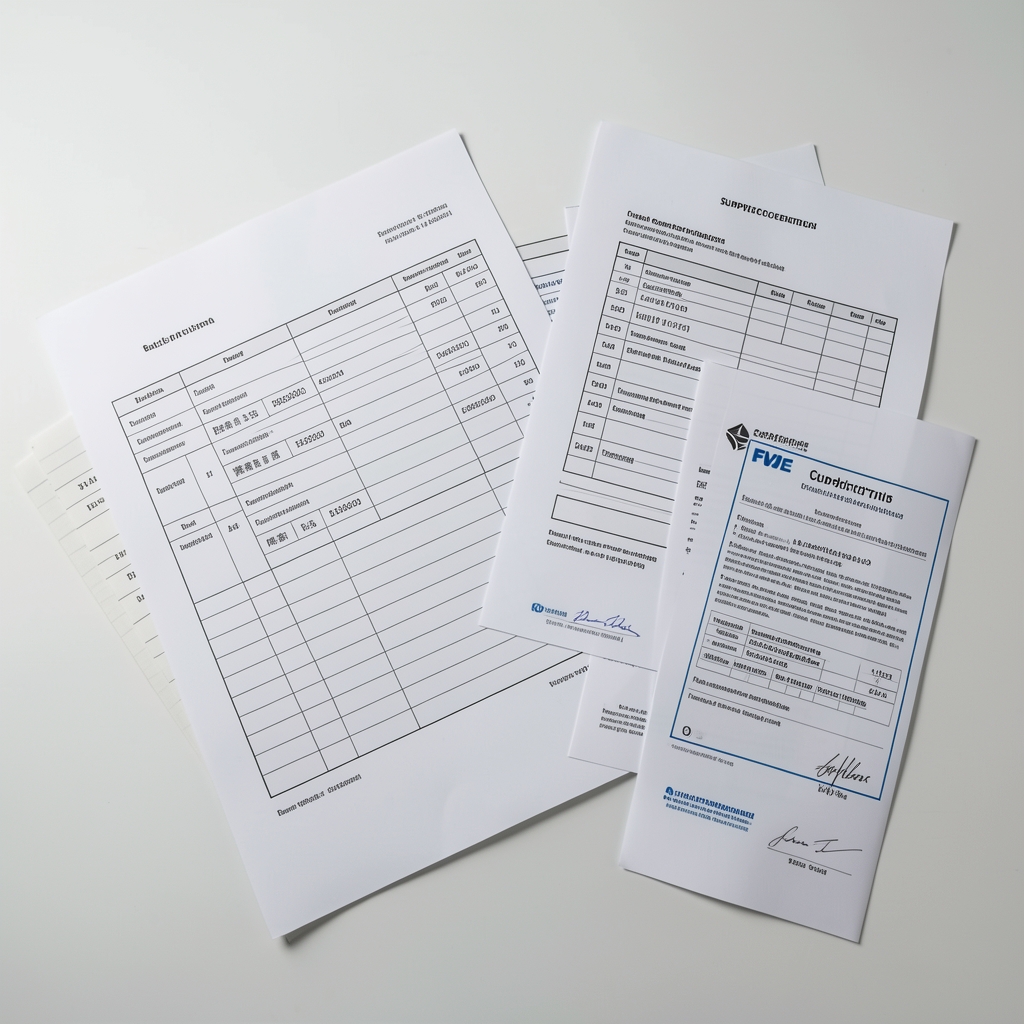 Overhead view of laboratory documentation pages, batch coding sheets and supplier certificates spread on a clean workspace under studio lighting