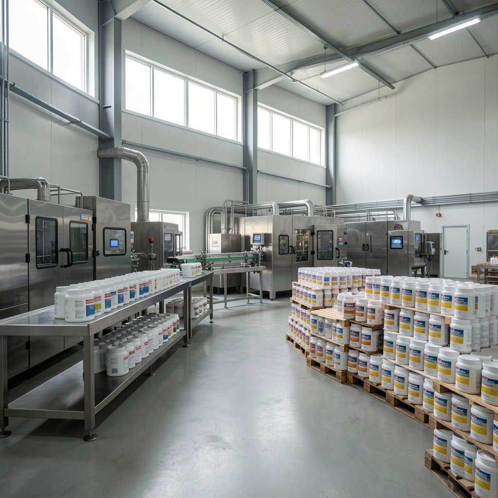 Wide view of a production facility interior with stainless-steel surfaces, natural light from high windows and neatly arranged supplement packaging