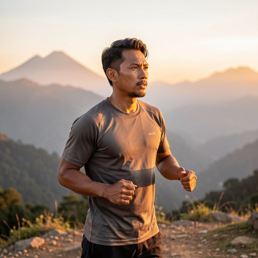 Indonesian man in active outdoor environment with mountain backdrop at sunrise, natural lighting highlighting focus and physical readiness