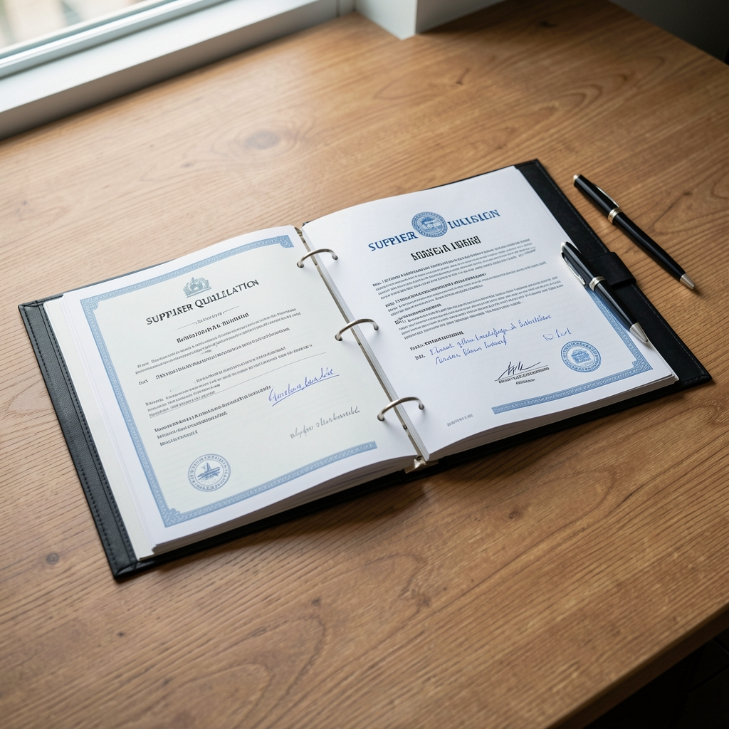 Supplier qualification folder open on a desk with printed certificates, handwritten notes and a pen, natural window light and wooden table surface