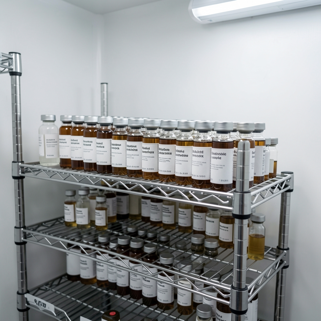 Row of labelled specimen vials arranged on a stainless-steel storage rack in a temperature-controlled room with controlled lighting and white walls