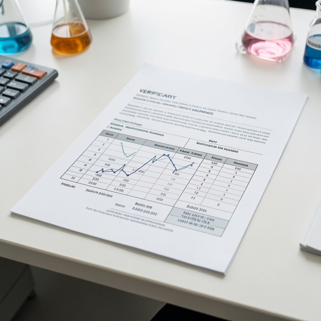 Third-party verification report document on a desk with a printed laboratory analysis chart and batch code reference visible, bright workspace lighting
