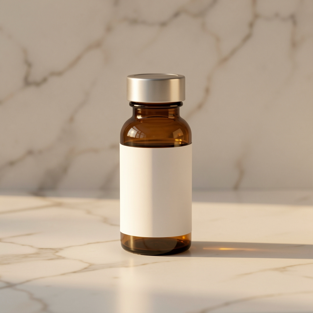 Single amber capsule bottle of Crovani Core Daily Complex standing upright on warm white marble surface, morning side-light, minimal label