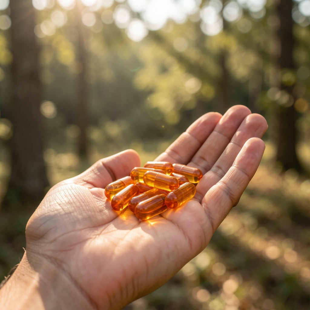 Capsules held in an open palm against a blurred natural outdoor background with trees and sunlight, showing the warm orange supplement colour