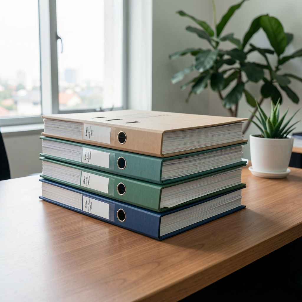 Stack of printed archive binders on a wooden desk in a Jakarta office, natural window light and a potted plant in the background