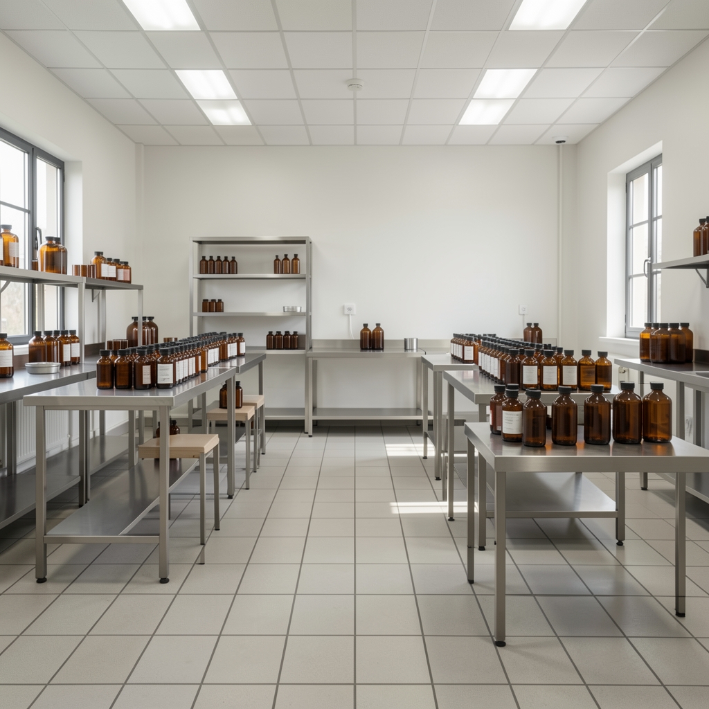 Interior of a supplement production room with stainless-steel tables, neatly arranged amber bottles, controlled studio lighting and tiled floor