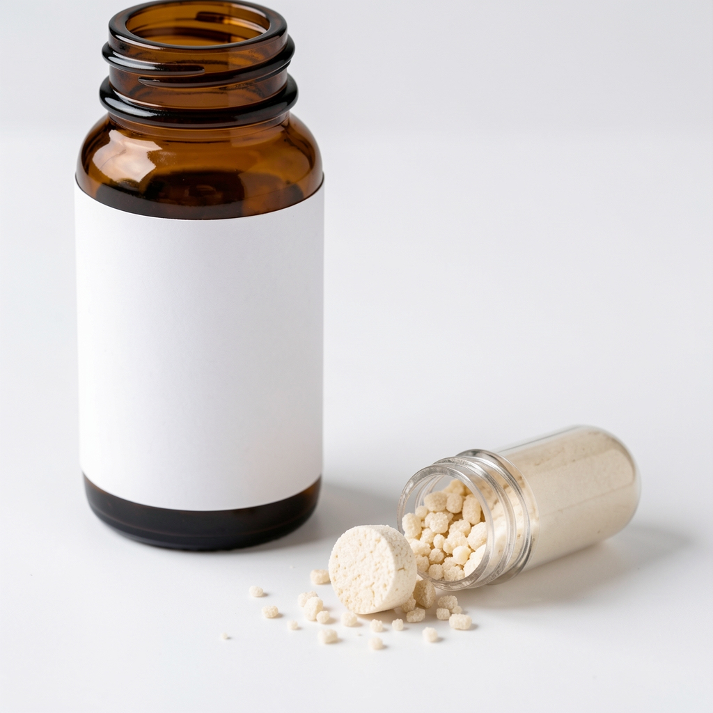 Detail shot of a glass amber bottle with white label next to an open capsule shell showing granulated supplement material on a white surface
